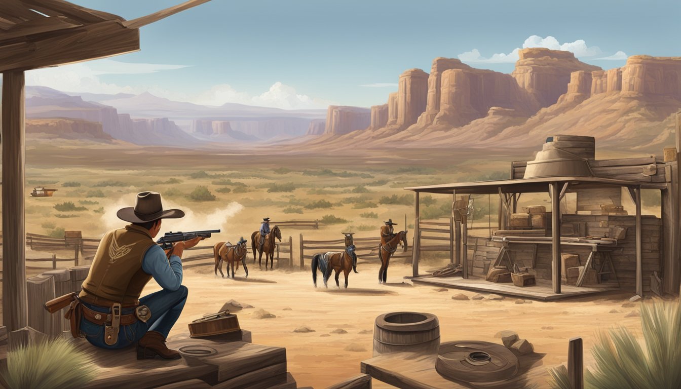 A cowboy action shooting range with historical memorabilia and targets, surrounded by a rugged western landscape