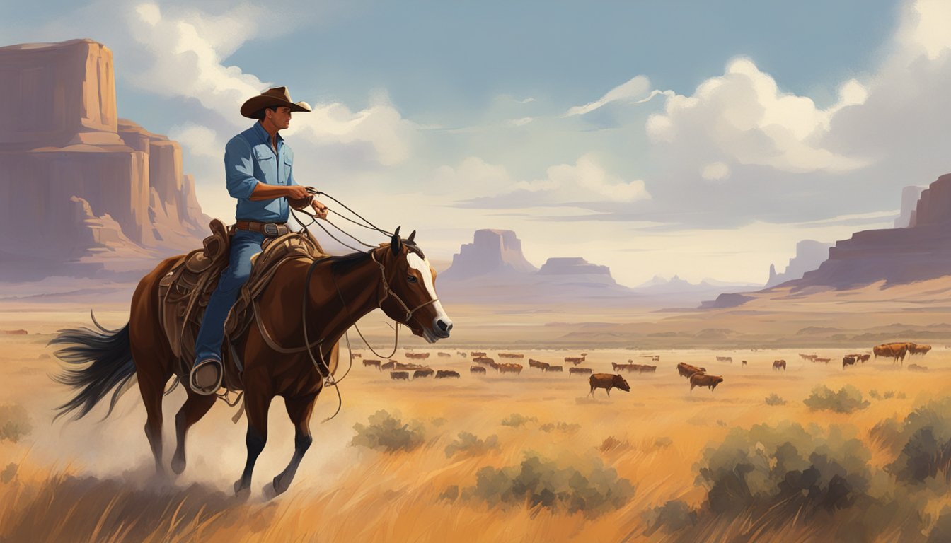 A modern cowboy using technology to wrangle cattle on a vast, open range