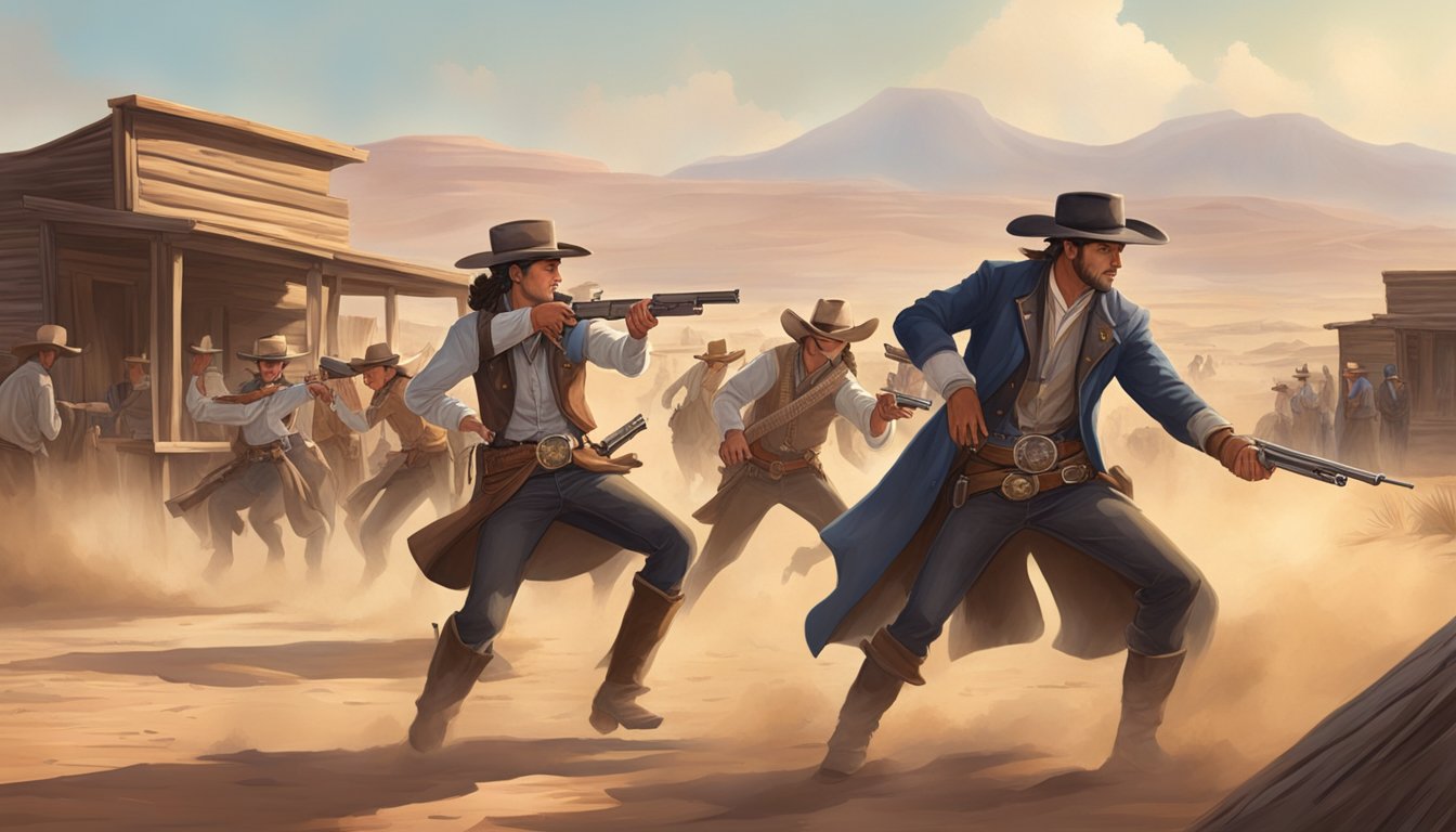 A group of cowboys and cowgirls dressed in Old West attire engage in a lively cowboy action shooting competition, surrounded by a dusty desert landscape and old wooden buildings