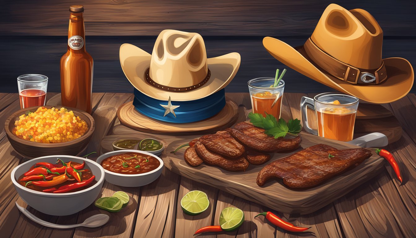 A rustic wooden table set with cowboy hats, boots, and a spread of BBQ, chili, and drinks