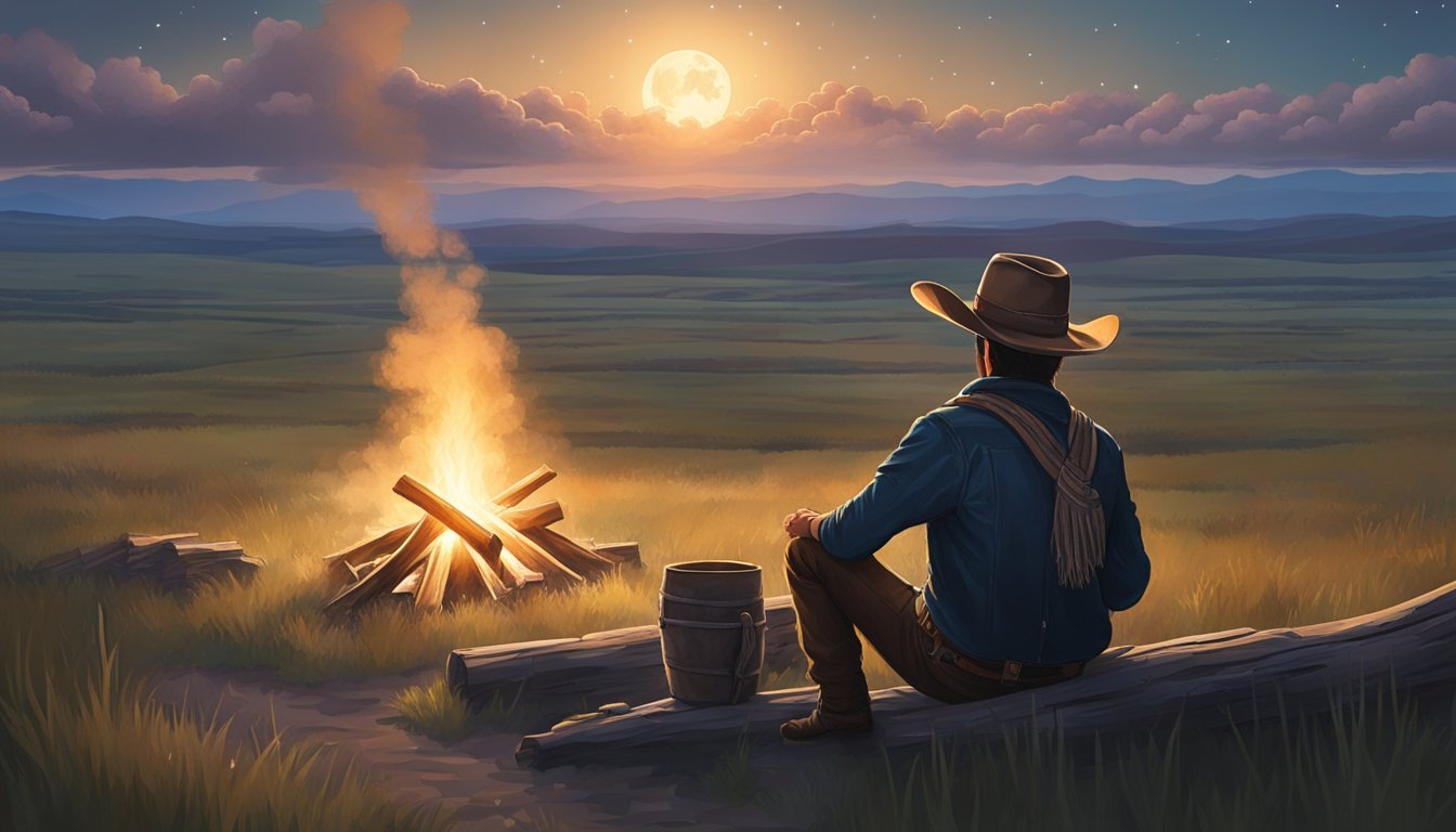 A lone cowboy sits by a crackling campfire under a starry sky, surrounded by the vast expanse of the open prairie. The sounds of nature fill the air as he reflects on his connection to the land