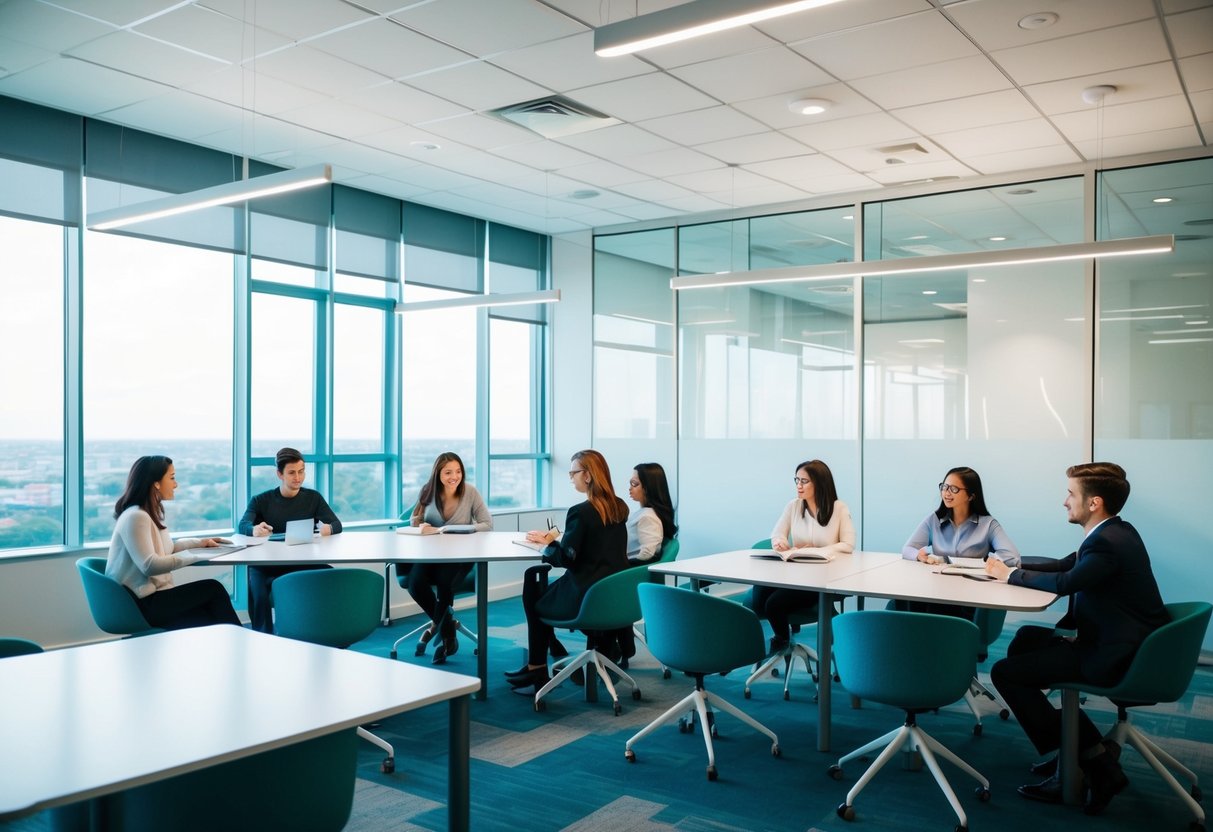 A modern, brightly lit study area with multiple platforms and seating for group collaboration