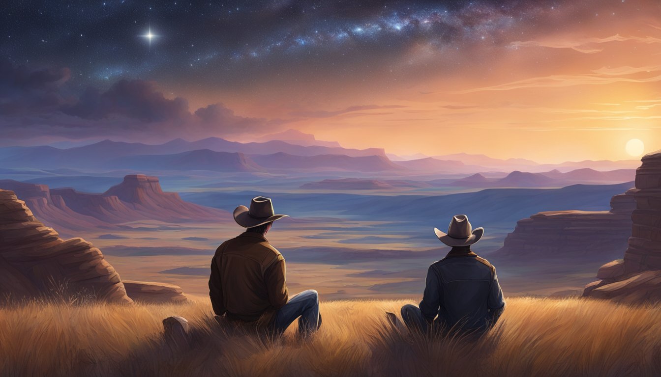 A lone cowboy sits amidst a vast, open landscape, gazing at the stars above and feeling a deep connection to the natural world