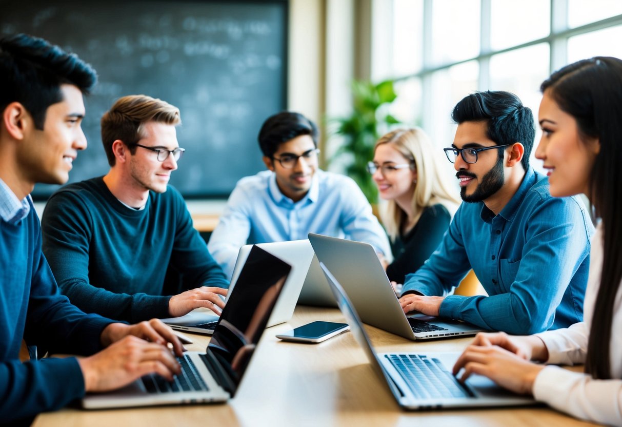 A group of students sitting around a table, each with their own laptop or notebook, engaged in focused discussion and collaboration