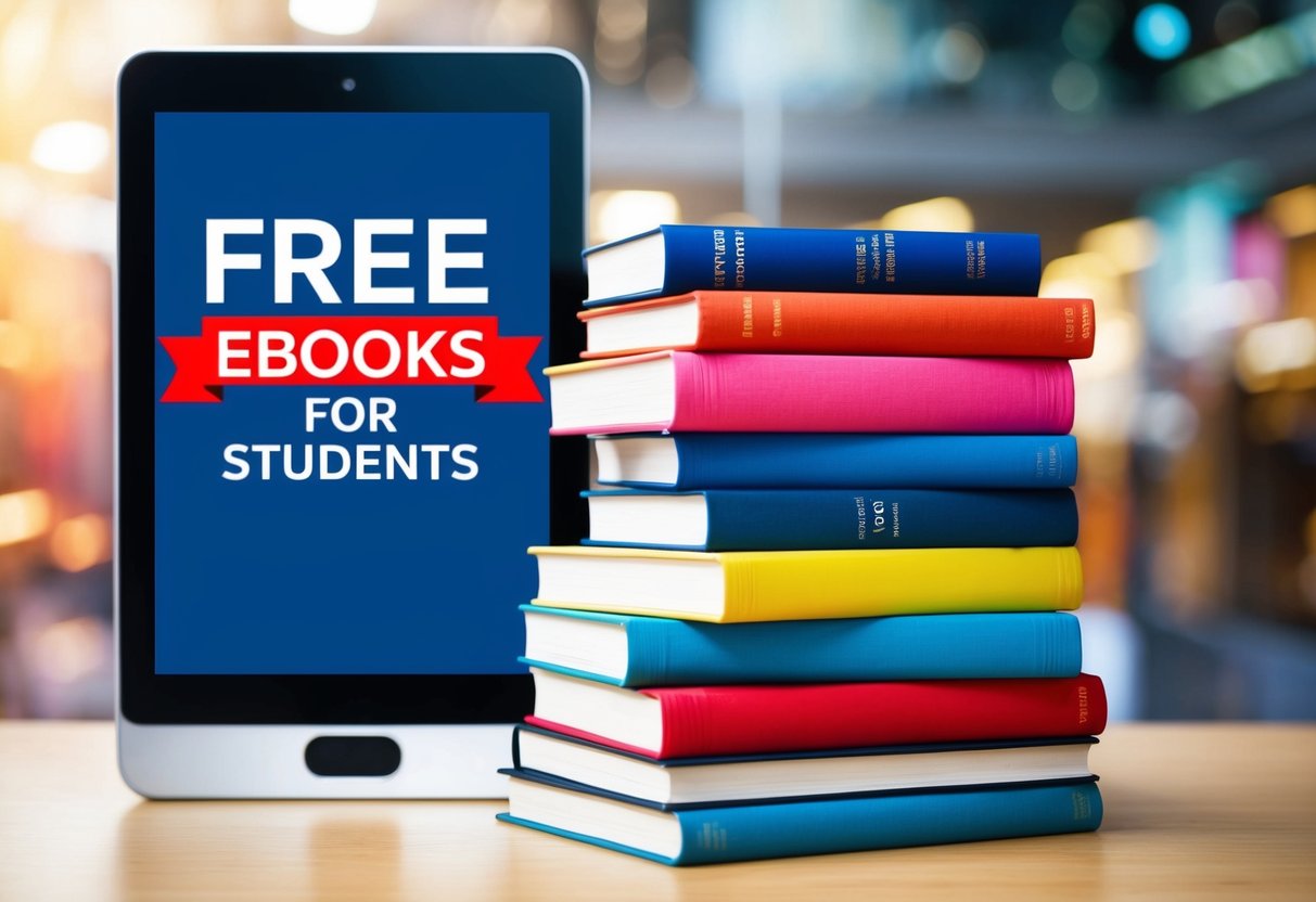 A stack of colorful books with a "Free eBooks for Students" banner on a digital screen