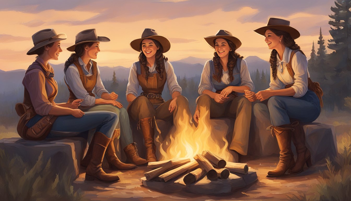 A group of pioneering women in cowboy attire gather around a campfire, sharing stories and laughter under the open sky