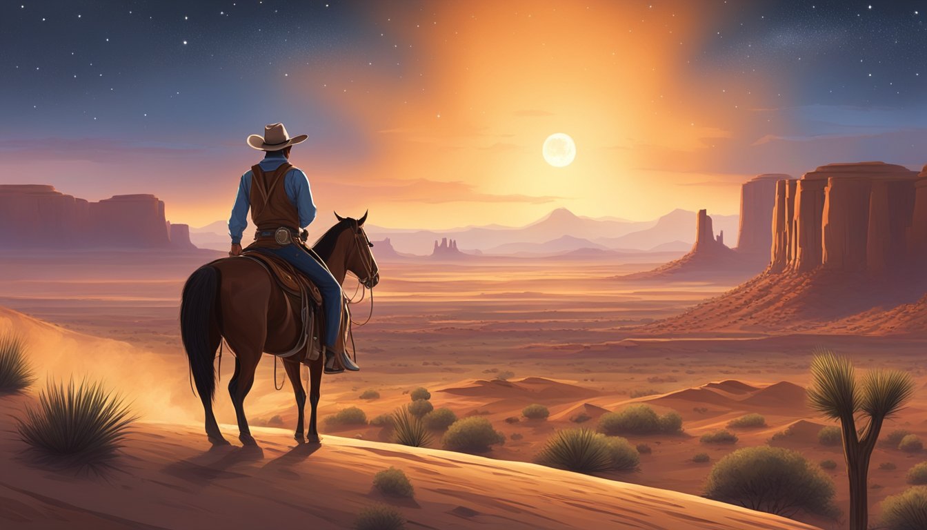 A lone cowboy stands in a vast desert landscape, surrounded by towering mesas and a clear, star-filled sky. A campfire burns brightly, casting a warm glow over the scene as the cowboy engages in a spiritual ritual