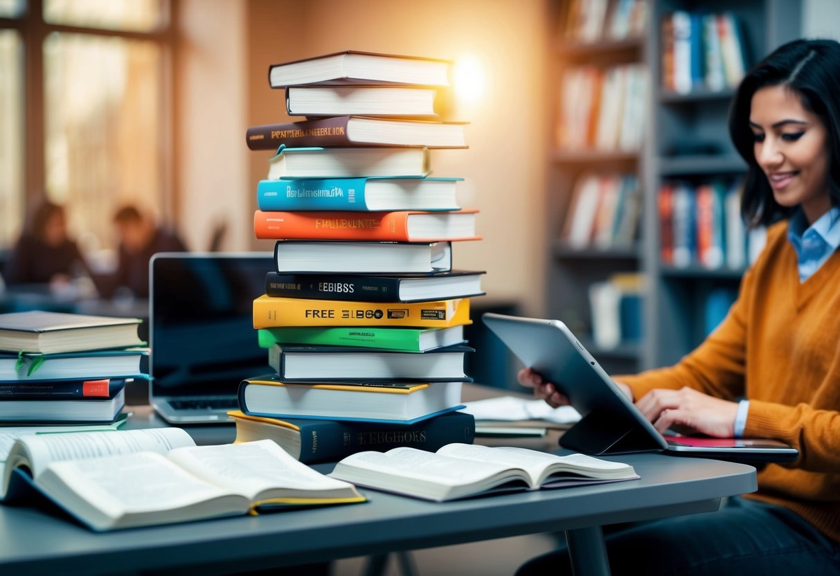 A stack of free eBooks surrounded by open textbooks and a laptop on a cluttered desk. A student sits nearby, absorbed in reading on a tablet