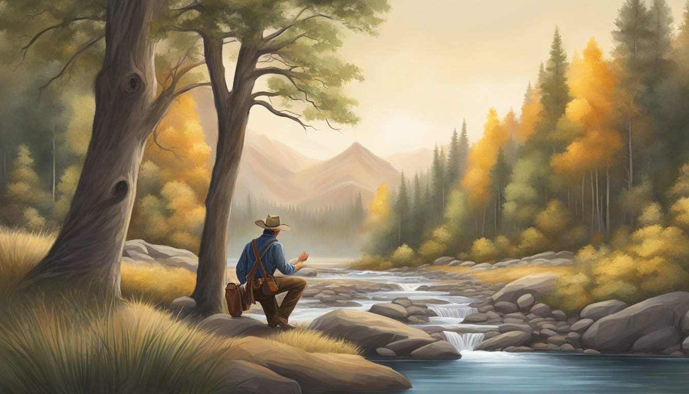 A lone cowboy kneeling beside a flowing stream, surrounded by towering trees and diverse wildlife, with a sense of reverence and connection to the natural world