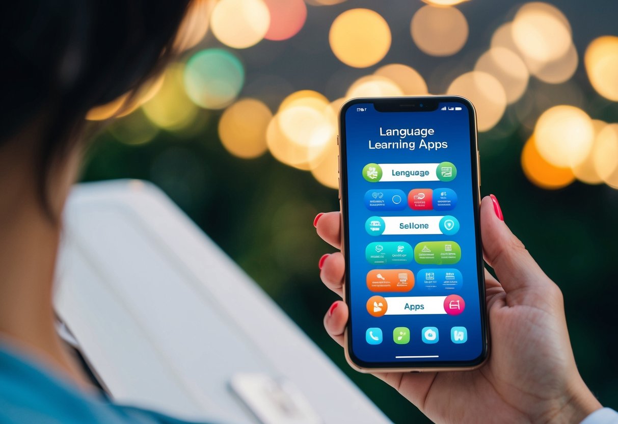 A smartphone displaying language learning apps with colorful icons and interactive features