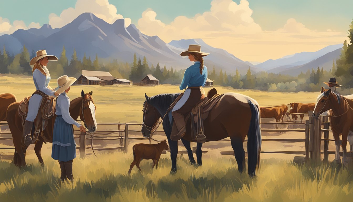 A group of women in western attire tending to cattle and horses on a picturesque ranch