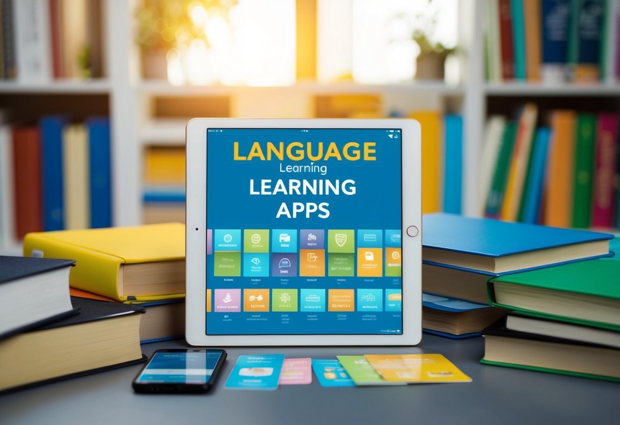 A collection of language learning apps displayed on a digital device, surrounded by books and educational materials