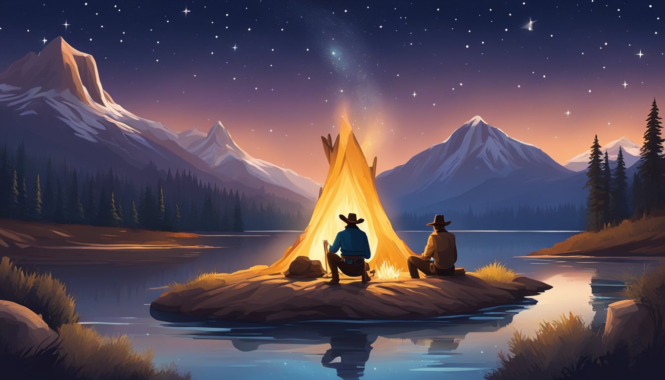 A lone cowboy sitting by a campfire under a starry sky, surrounded by towering mountains and a flowing river