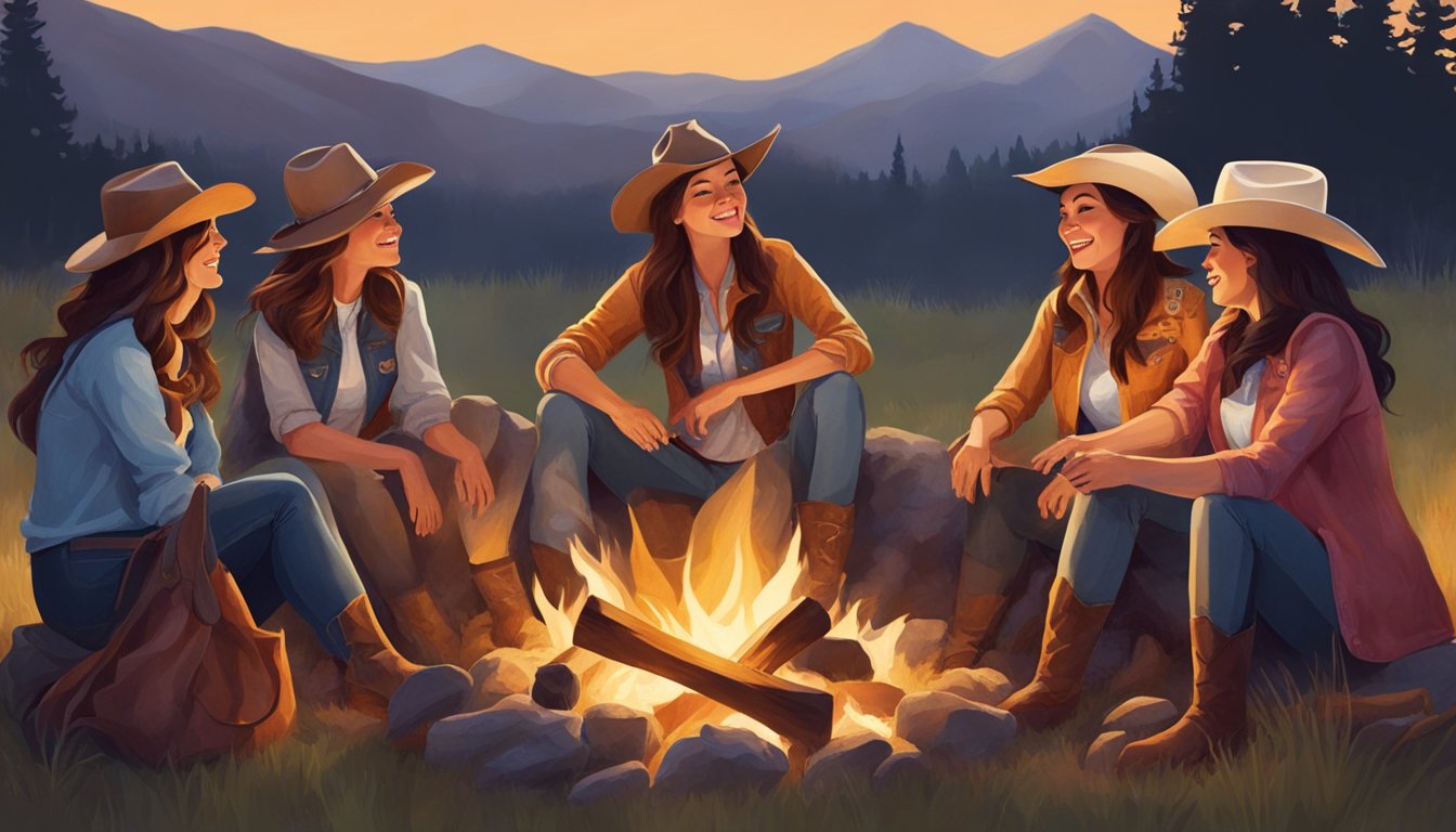 A group of women in cowboy attire gather around a campfire, sharing stories and laughter under the open sky