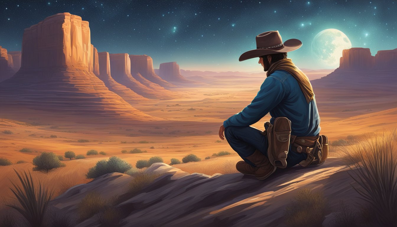 A lone cowboy meditates under a starry sky, surrounded by the vast expanse of the natural world