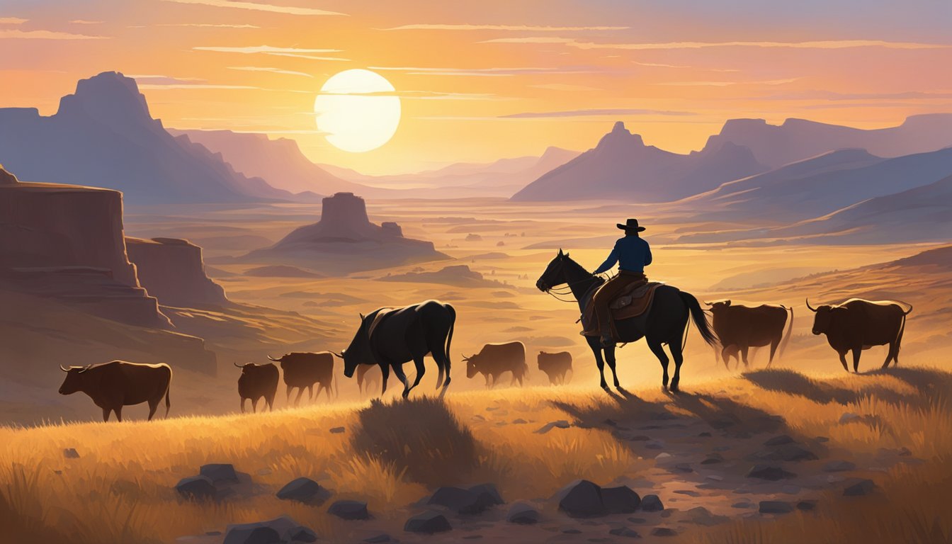 A lone cowboy rides through a rugged landscape, with a herd of cattle in the distance and a sunset casting long shadows