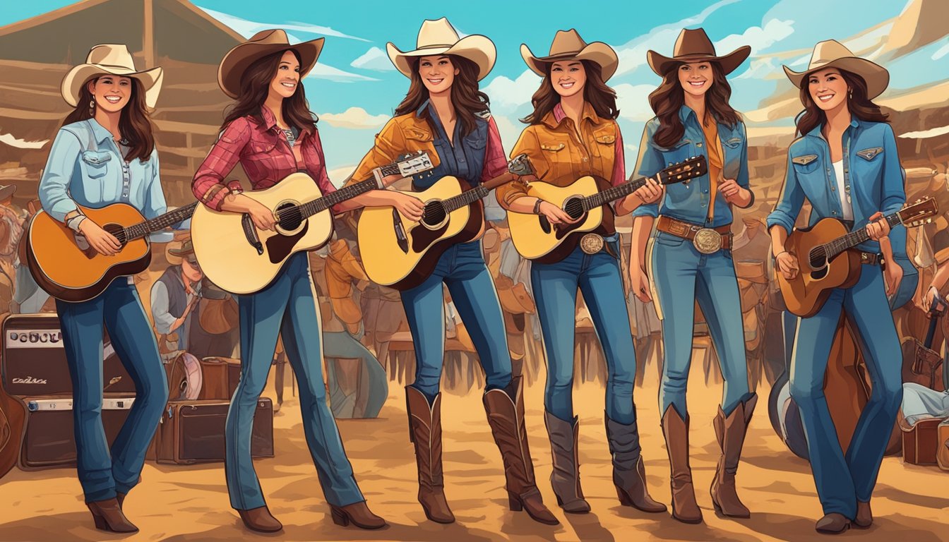 A group of women in cowboy attire, surrounded by guitars, cowboy hats, and other country music paraphernalia at a lively rodeo event