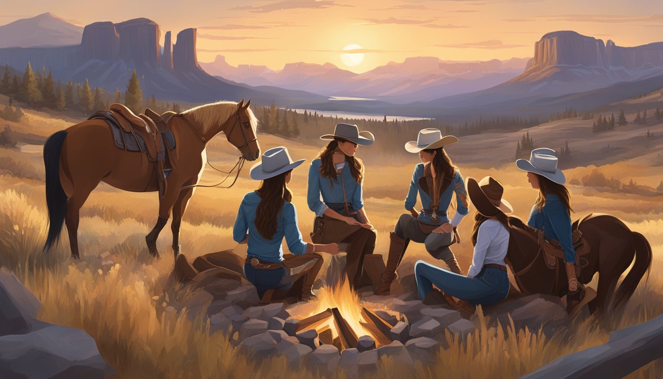 A group of women in modern cowboy attire gather around a campfire, surrounded by horses and western landscapes