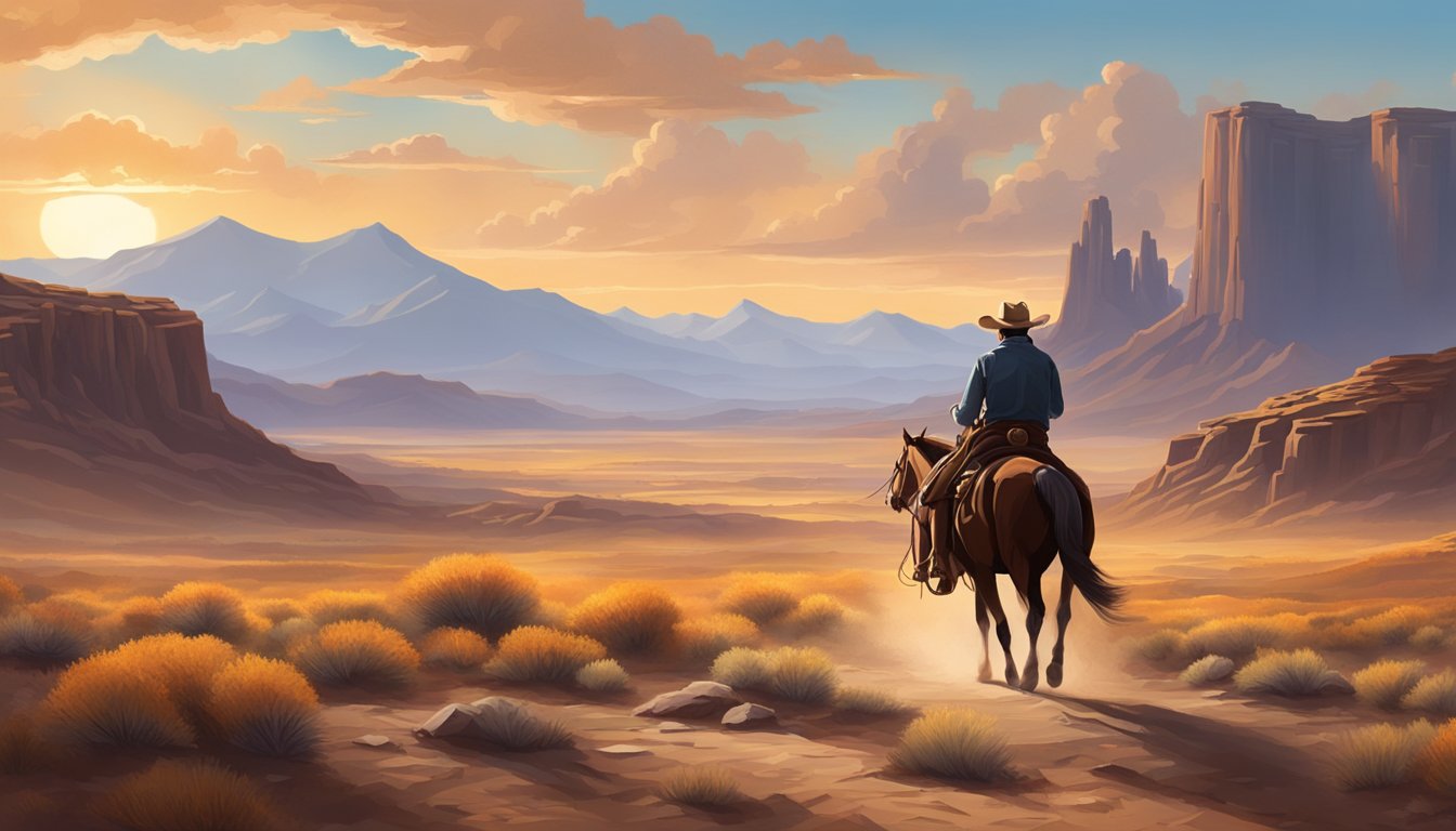 A lone cowboy rides through a desolate landscape, with a backdrop of rugged mountains and a setting sun, symbolizing the enduring mythos of the American West