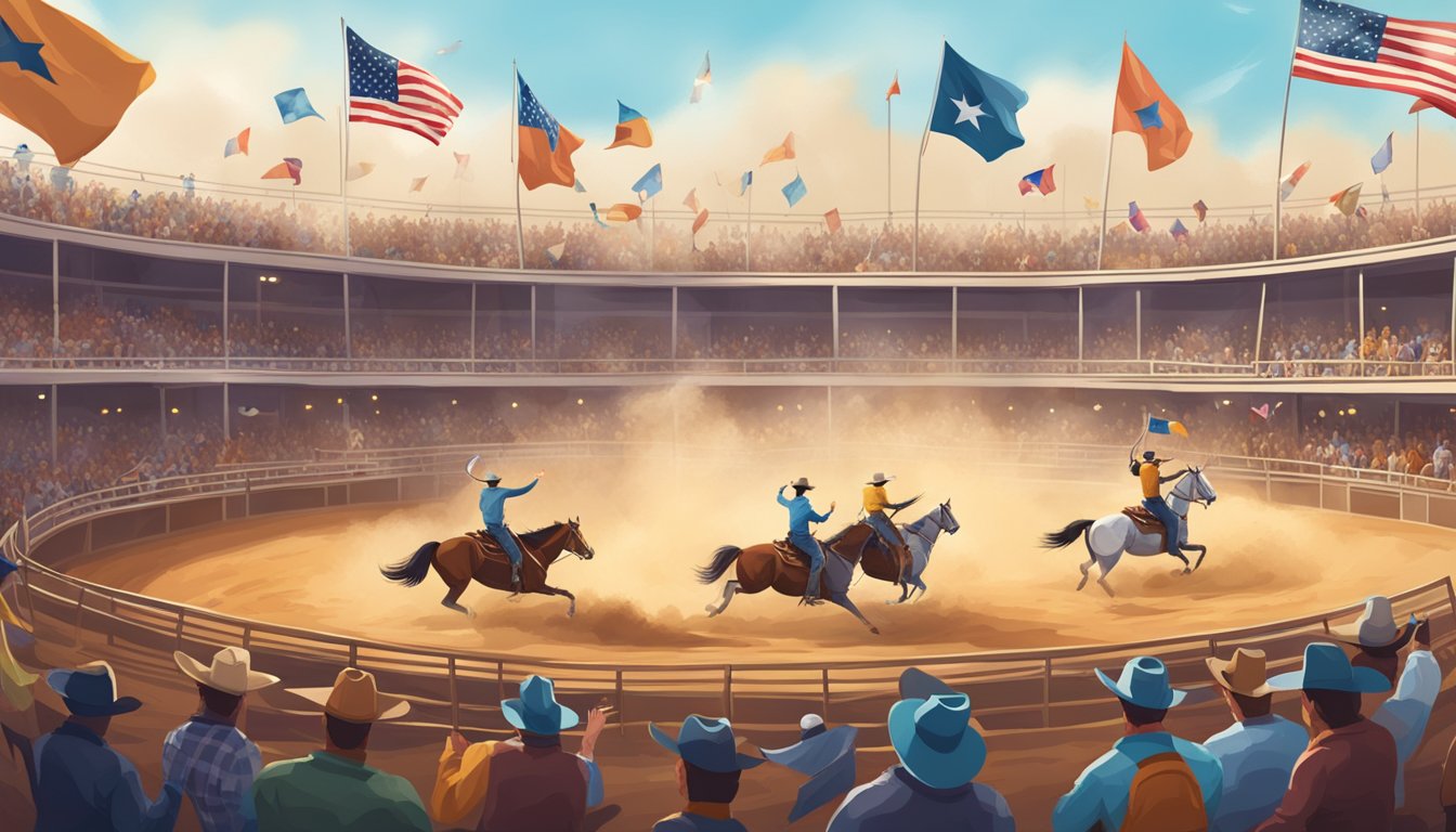 A dusty rodeo arena filled with cheering spectators and cowboys riding bucking broncos, with colorful banners and flags fluttering in the wind