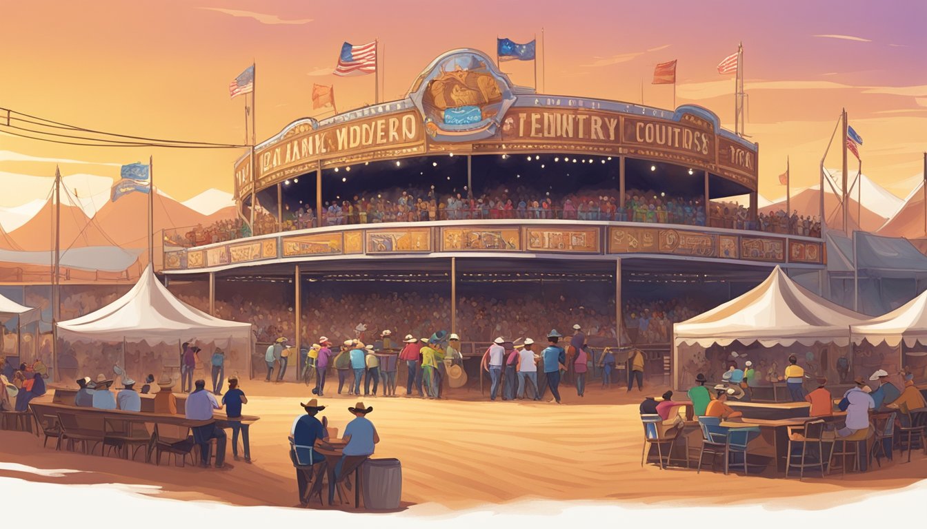 A dusty rodeo arena with bull riders, line dancers, and a stage for live country music, surrounded by food vendors and carnival rides