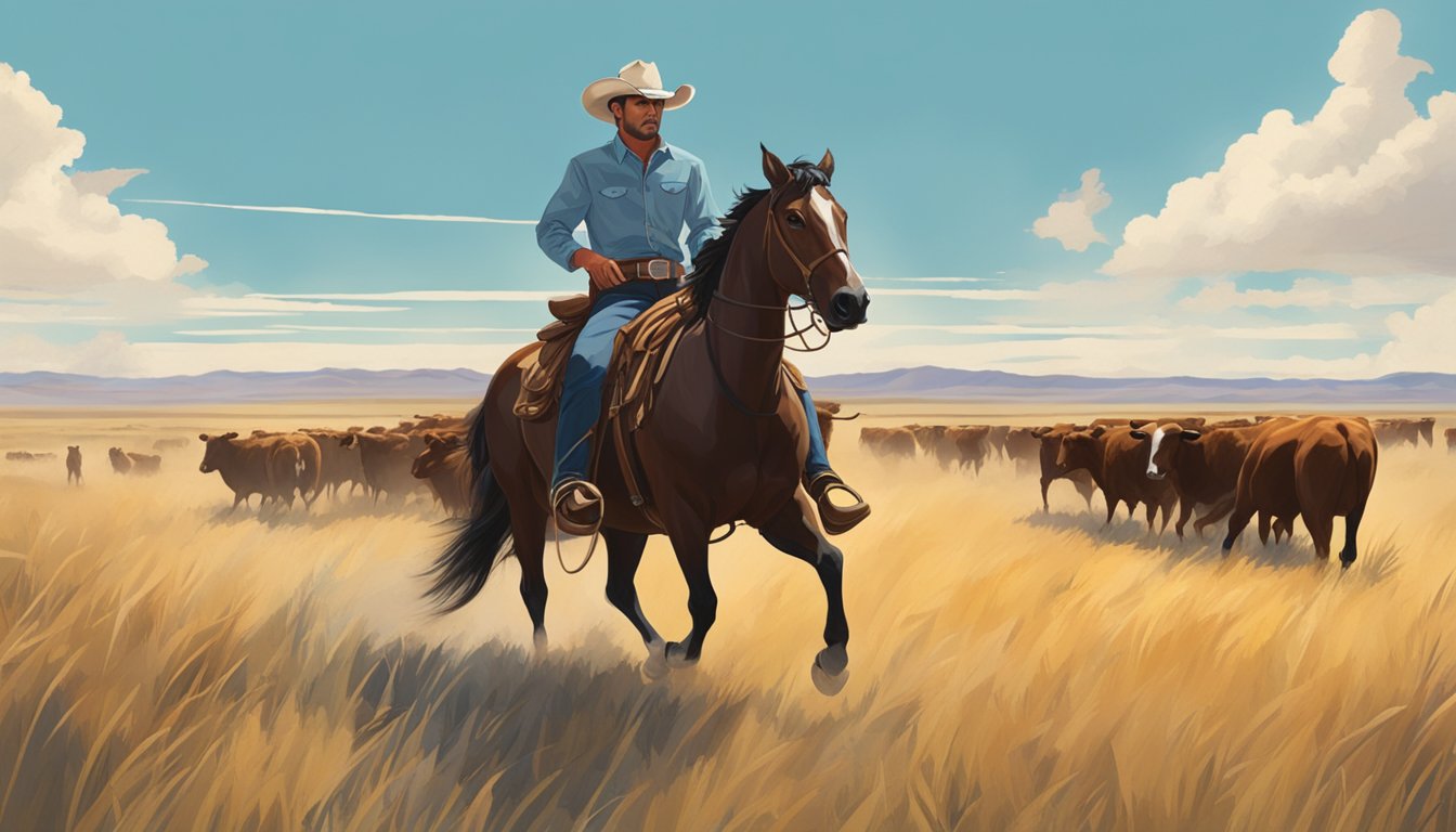 A modern Texas cowboy rides through a vast, open prairie, herding cattle under the bright, blue sky