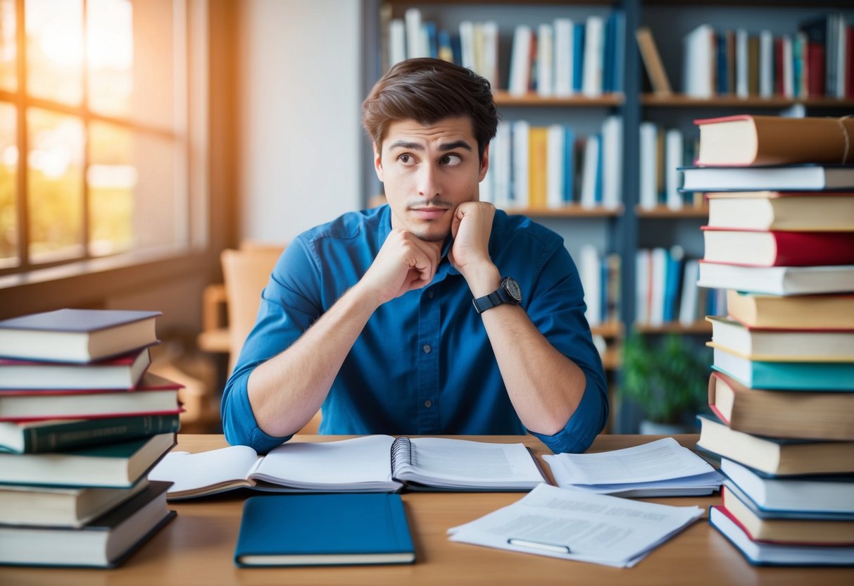 A student sitting at a desk, surrounded by books and papers, deep in thought while brainstorming ideas for their college application essay