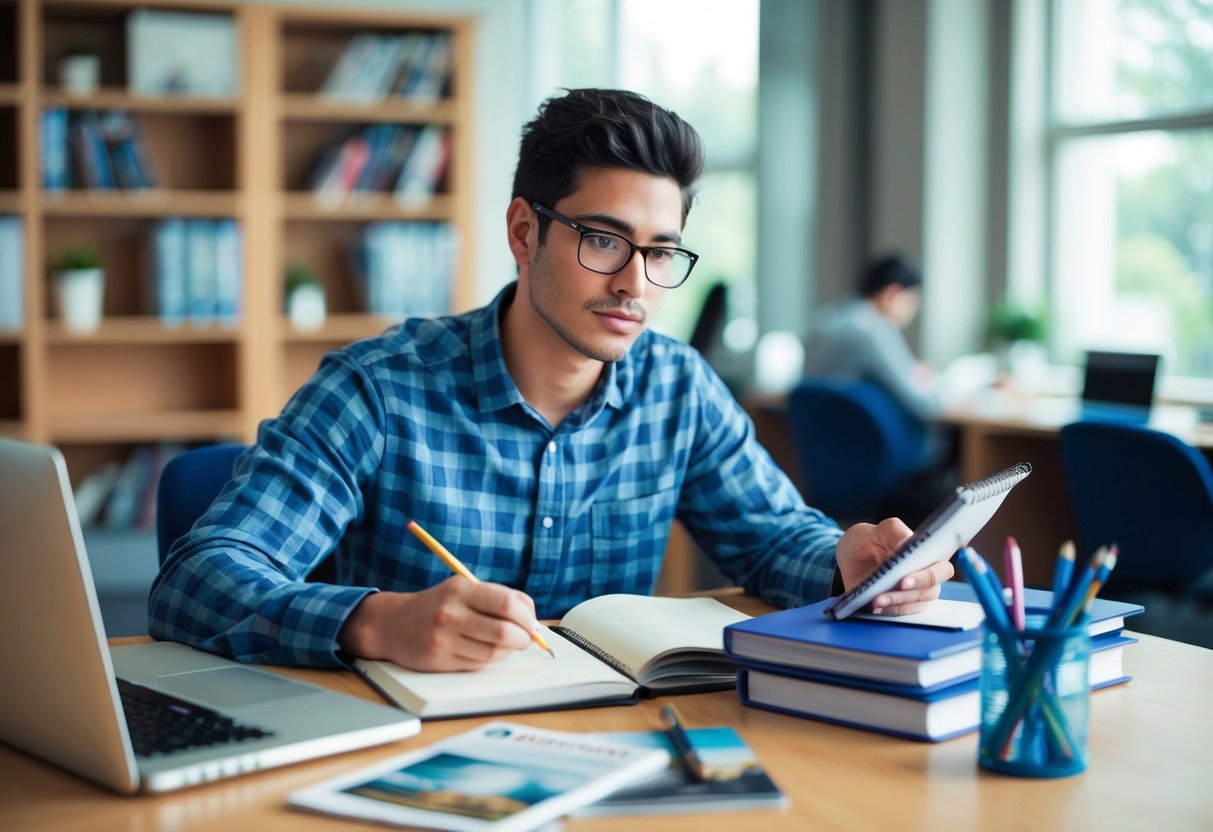 A student sits at a desk with a laptop and notebook, surrounded by college brochures and writing utensils. They appear focused and determined as they plan their essay