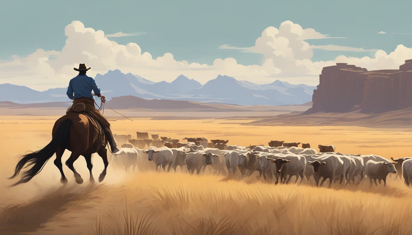 A lone cowboy rides across an open plain, lasso in hand, with a herd of cattle in the distance