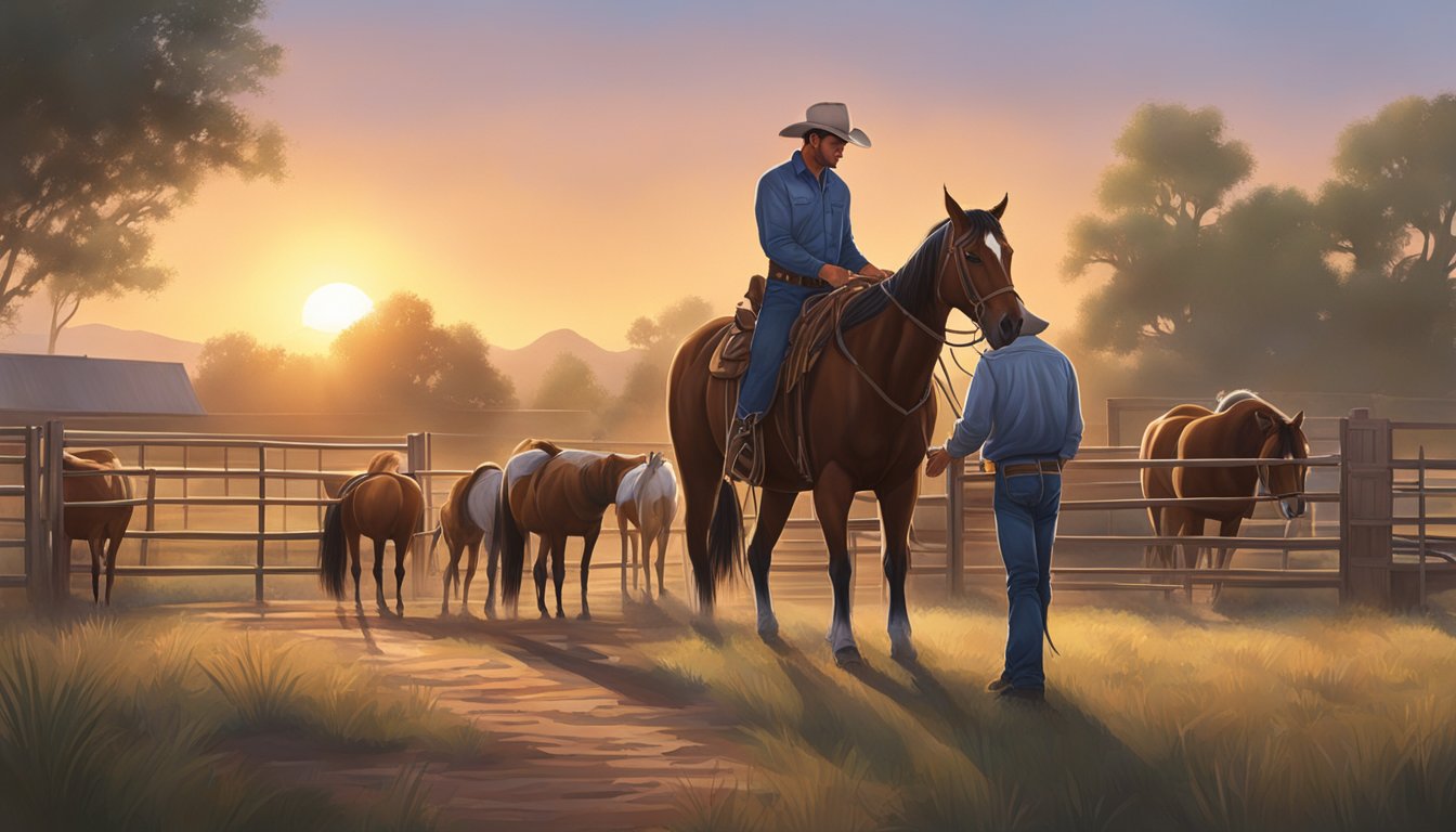 A modern Texas cowboy tending to horses on a ranch at sunrise