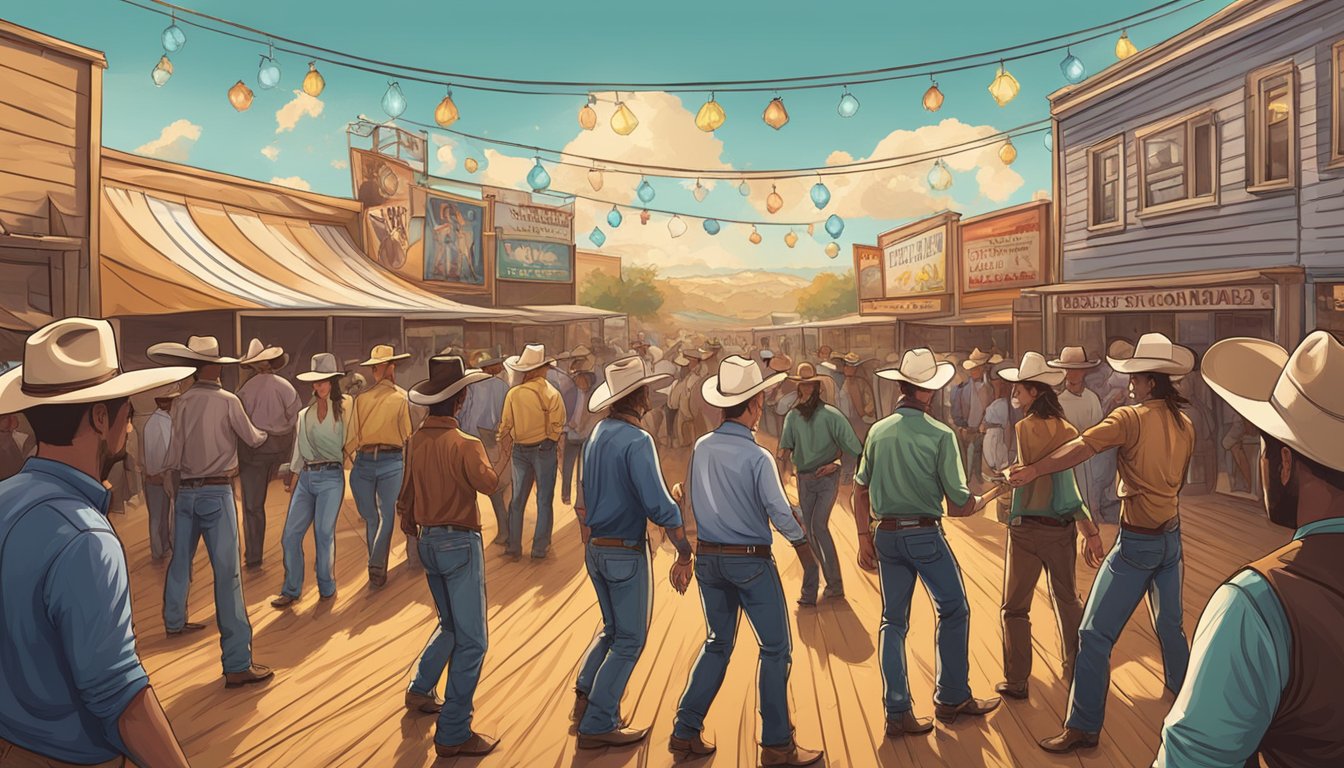 A modern cowboy festival with line dancing, rodeo events, and western music