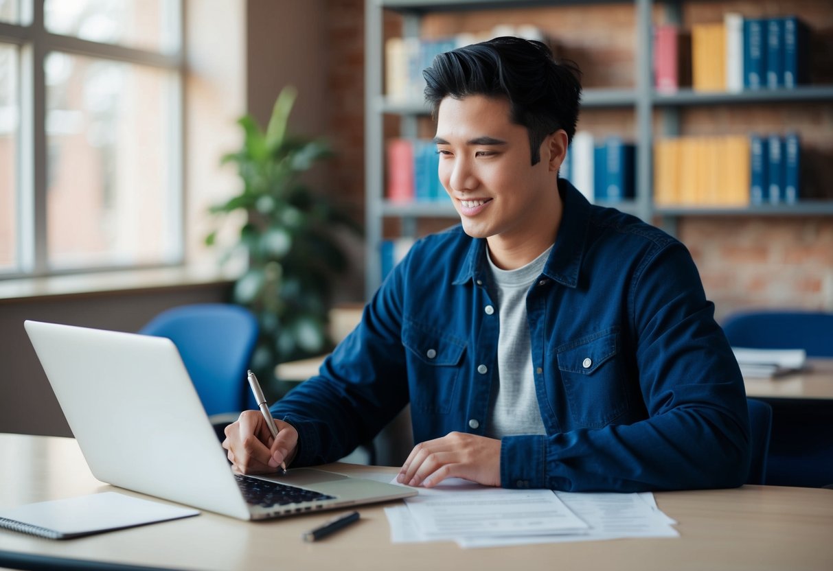 A student sitting at a desk with a laptop, filling out FAFSA forms with a pen and paper nearby for jotting down information