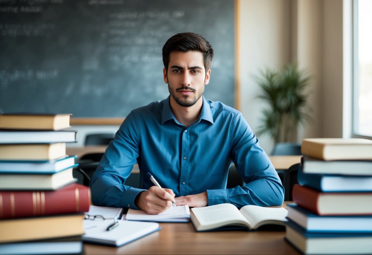 A student sits at a desk, surrounded by books and notes. They are practicing interview questions, looking determined and focused