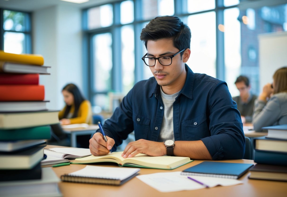 A student sits at a desk, surrounded by notebooks and study materials. They are focused, jotting down notes and practicing interview responses