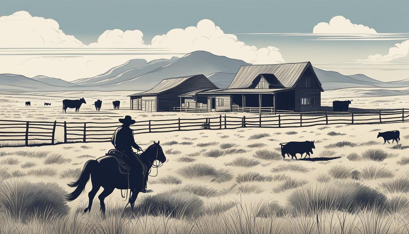 A lone cowboy rides through a vast open plain, herding cattle under the Texas sun. The silhouette of a ranch house can be seen in the distance, with a backdrop of rolling hills and a clear blue sky