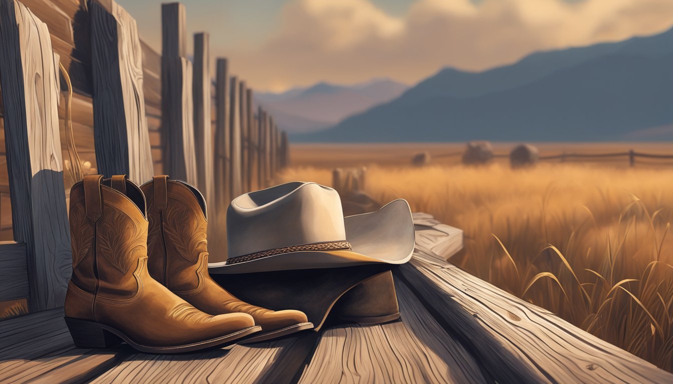 A cowboy hat, leather boots, a fringed suede jacket, and a pair of denim jeans laid out against a backdrop of a rustic wooden fence and a wide-open prairie