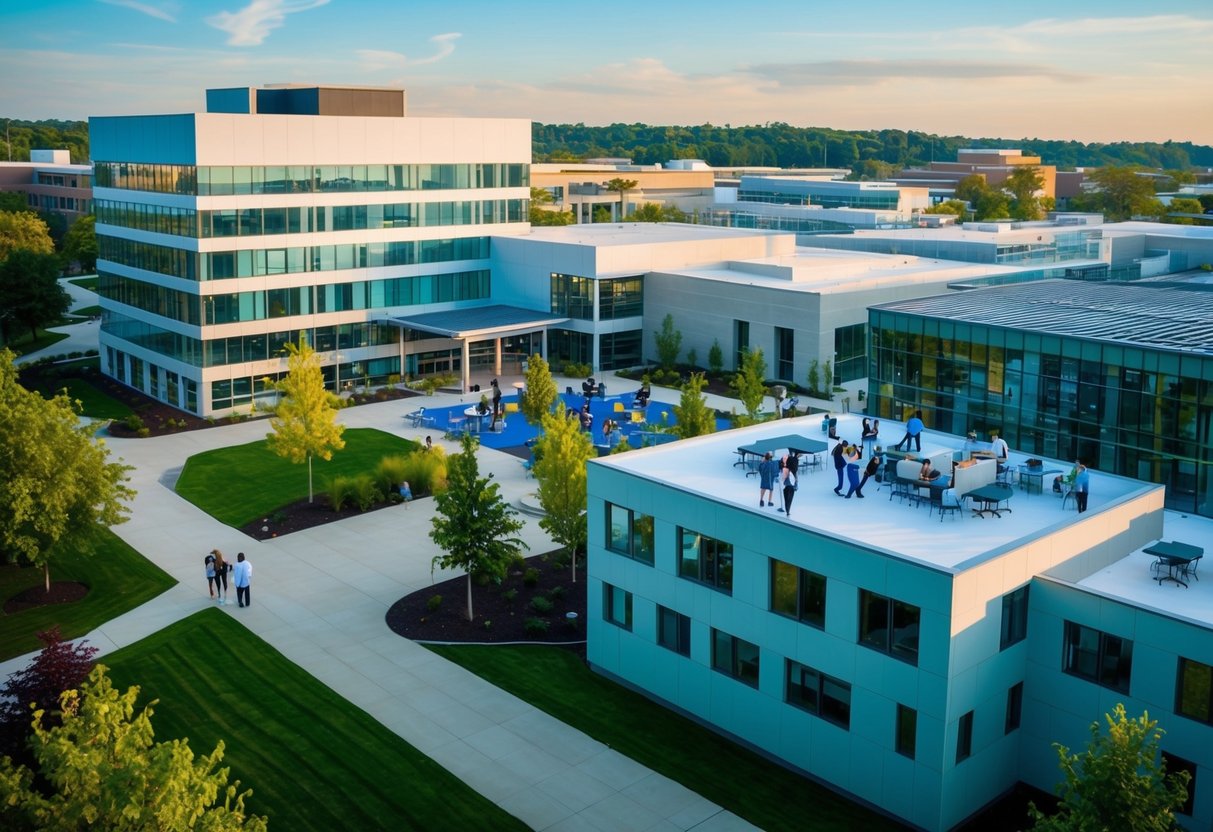 A bustling campus with modern buildings and students engaged in STEM-related activities, surrounded by greenery and state-of-the-art laboratories