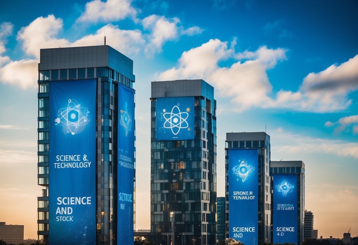 A group of modern buildings with science and technology symbols on banners