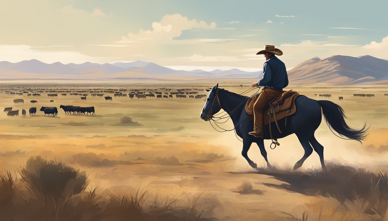 A lone cowboy herding cattle across a vast, open plain, with a traditional Spanish-style ranch in the distance