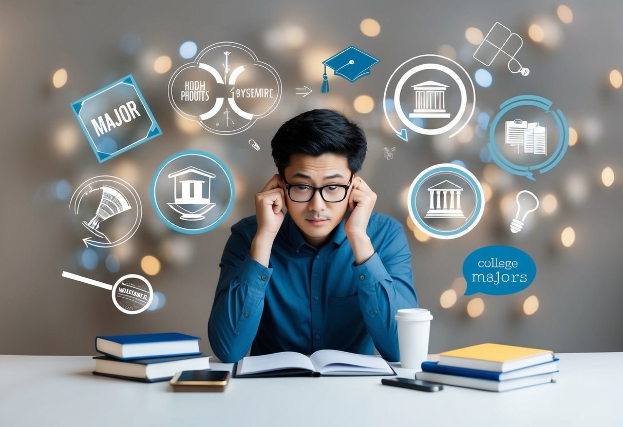 A person surrounded by various academic symbols and objects, pondering over different college major options