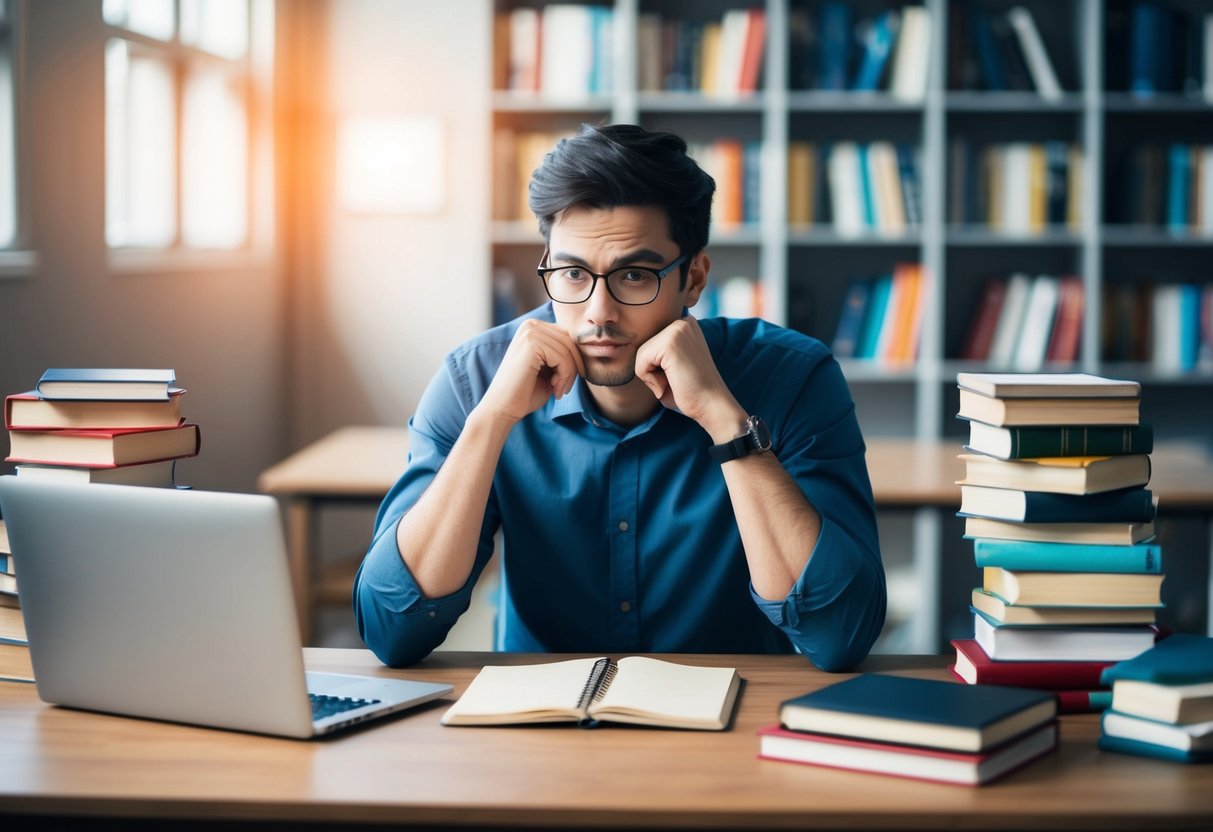 A person sitting at a desk, surrounded by books, a laptop, and a notepad. They are deep in thought, weighing their options and considering different college majors