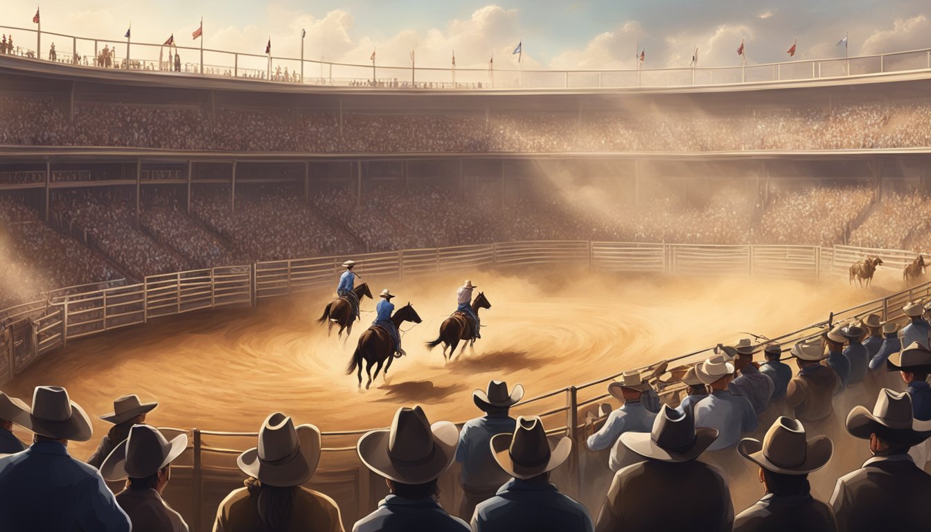 A dusty arena with cheering crowds, cowboys riding bulls and roping steers, showcasing the historical origins and importance of rodeos in preserving cowboy traditions