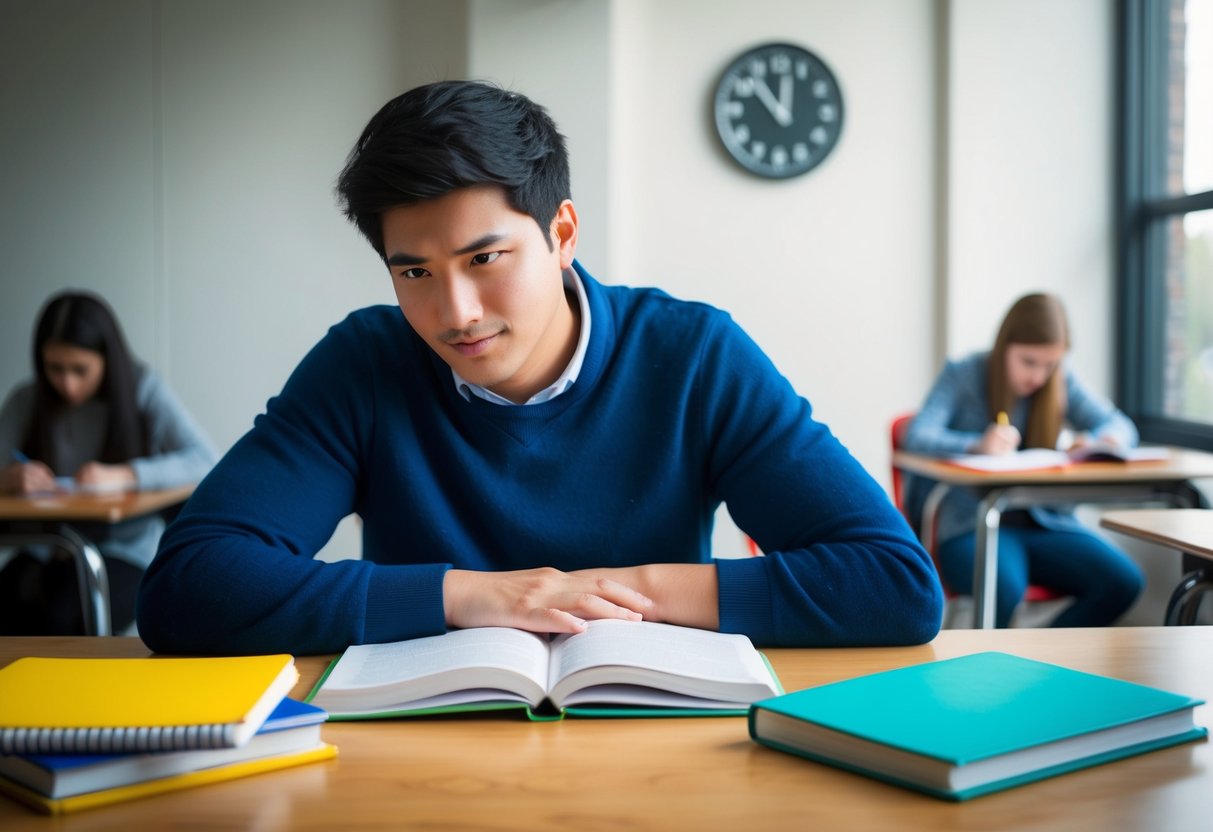 A student sitting at a desk with a SAT and ACT prep book, pondering which test to take. A clock on the wall shows the time