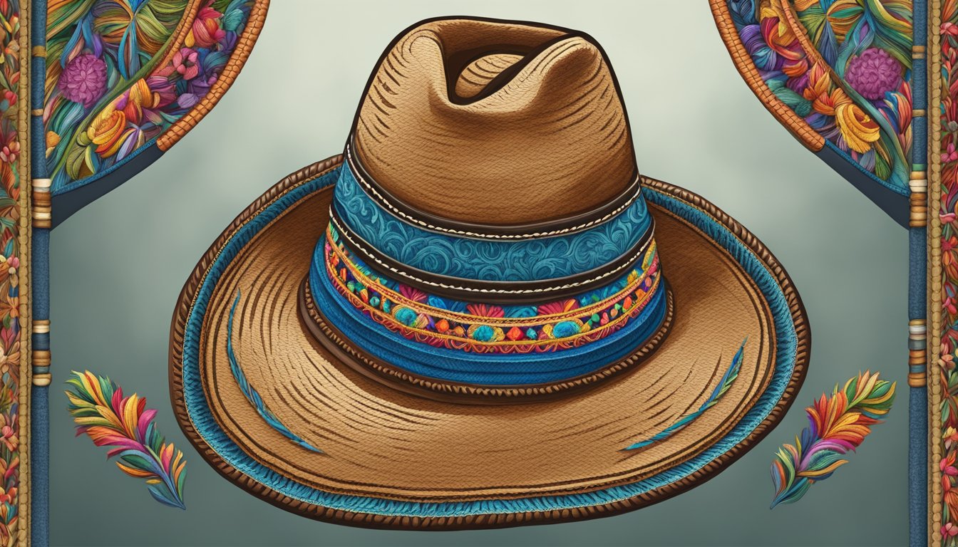 A cowboy hat adorned with colorful Spanish embroidery, paired with a leather vest featuring intricate patterns reminiscent of traditional Spanish attire