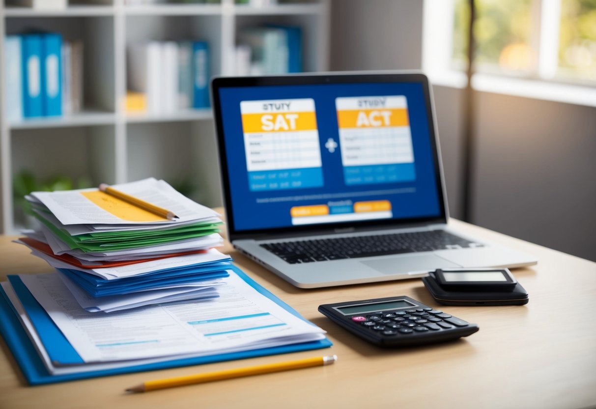 A desk with a stack of SAT and ACT study materials, a pencil, and a calculator. A laptop open to a comparison chart