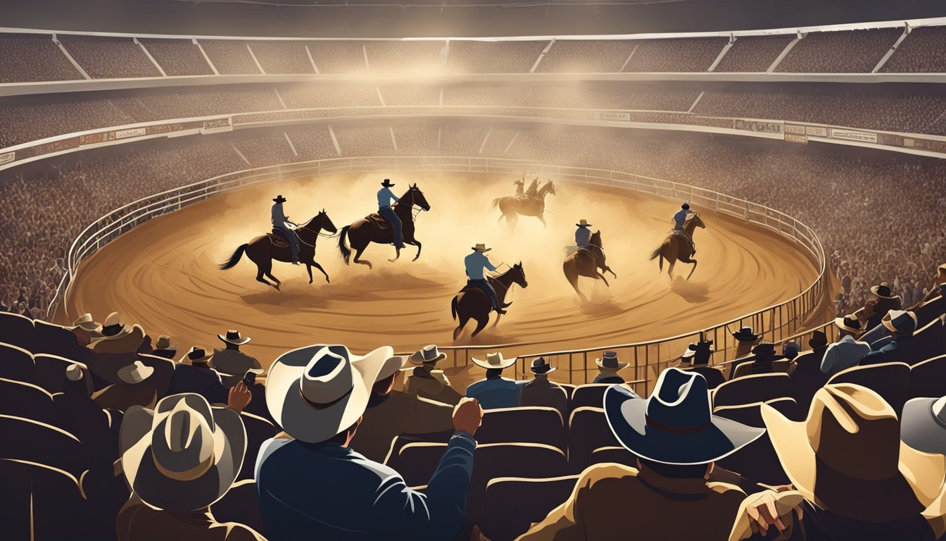 A dusty rodeo arena filled with cheering spectators and skilled cowboys showcasing their horsemanship and roping abilities