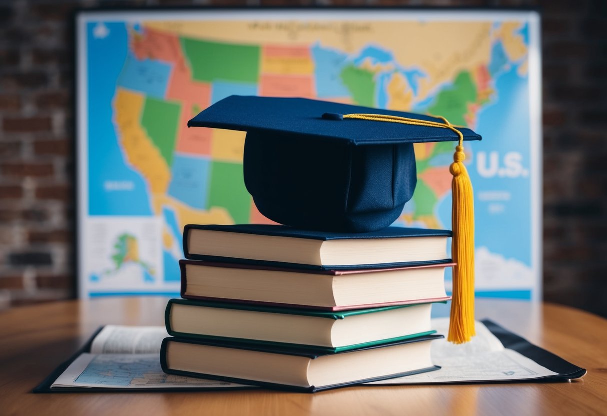 A stack of books and a graduation cap on a table, with a map of the U.S. in the background