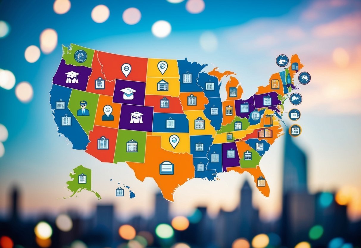 A colorful map of the United States with various icons representing scholarship opportunities scattered across different states