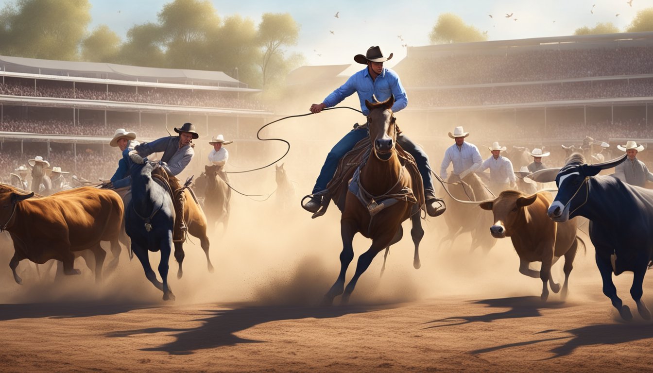 Cowboys wrangle cattle in a dusty arena, cheered on by a crowd. Horses and bulls kick up dirt as riders compete in traditional events