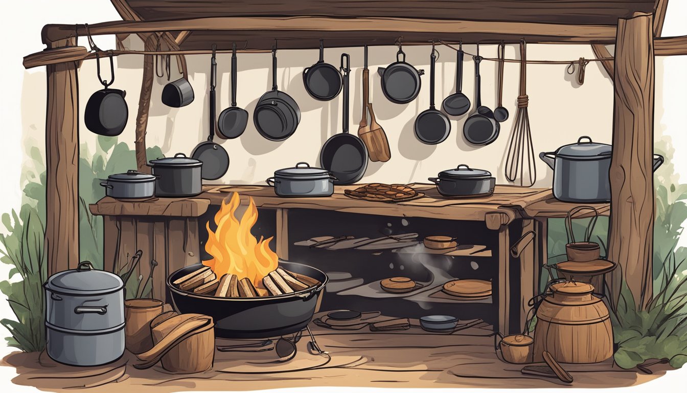 A campfire surrounded by cast iron pots and pans, with a cowboy hat and lasso hanging nearby. A rustic wooden table is set with plates and utensils